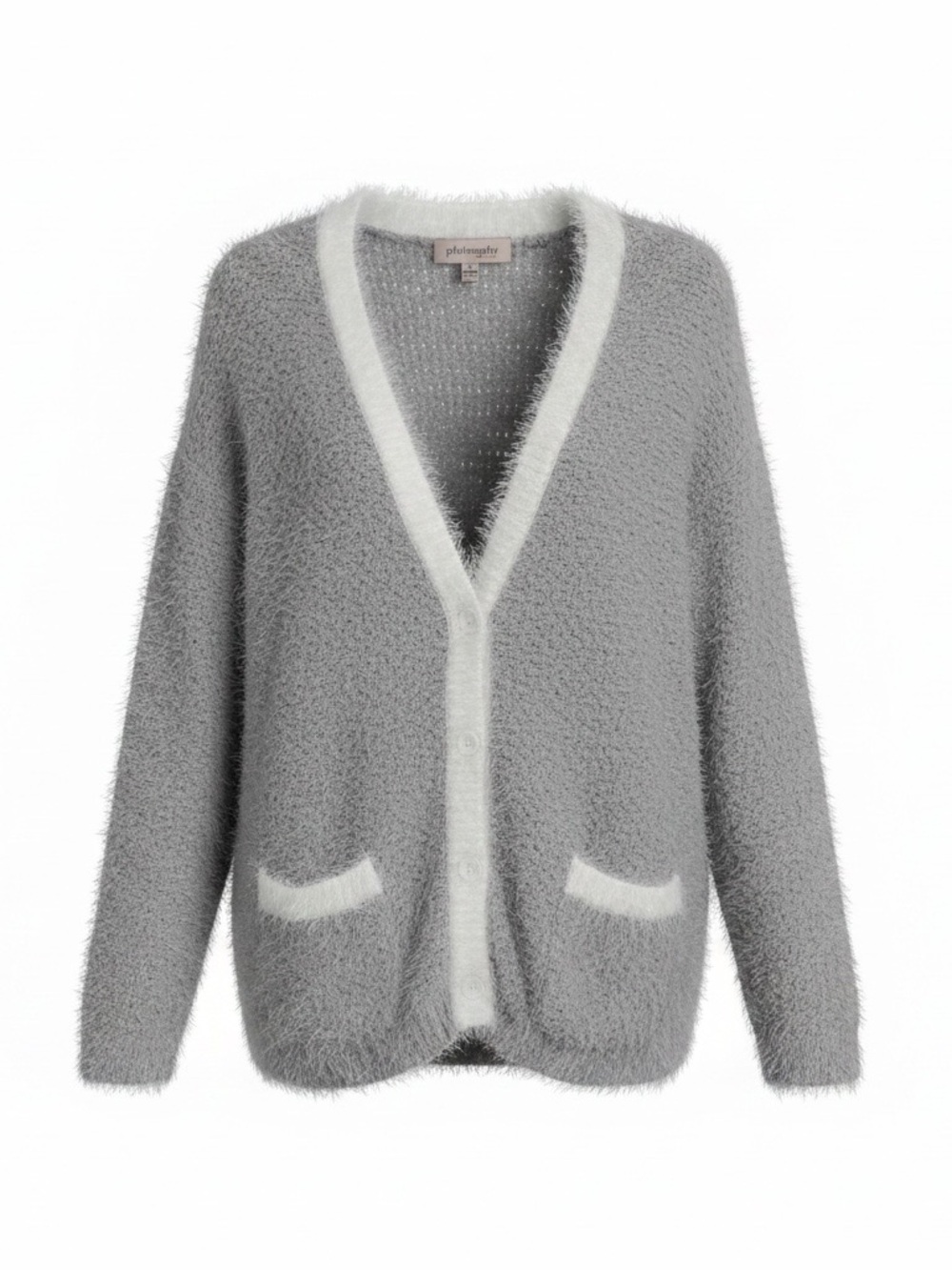 Philosophy Gray Fuzzy Cardigan Sweater Contrast Trim Pockets Cozy
